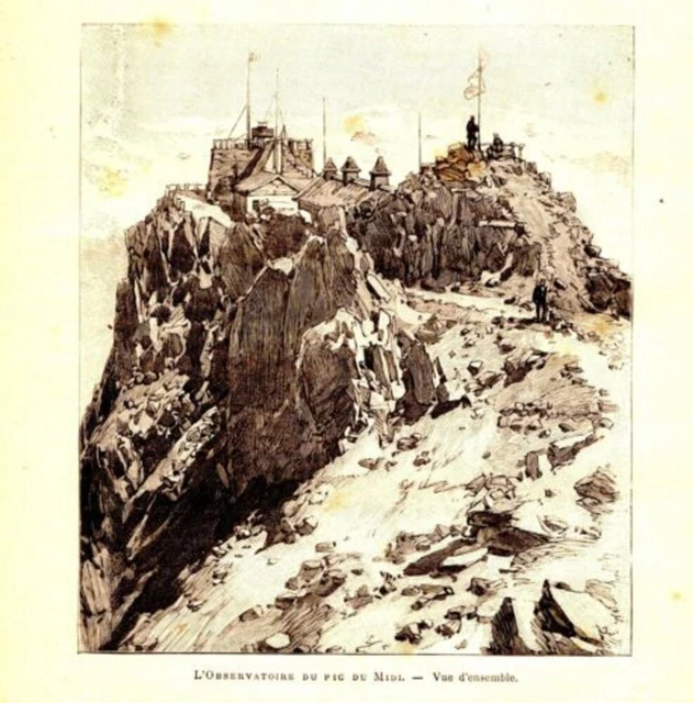 GRAVURE SUR BOIS 19ème OBSERVATOIRE DU PIC DU MIDI VUE D' ENSEMBLE