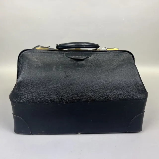 Antique VTG Black Leather Doctor’s BIG Bag Case Satchel w Brass Accents