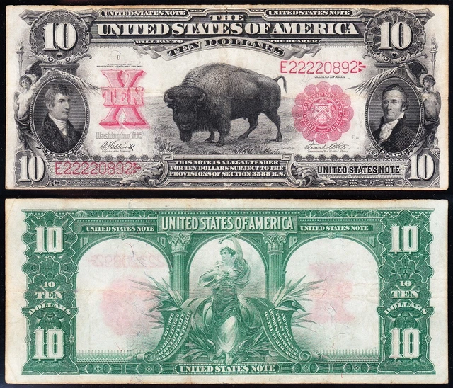 VERY NICE Bold & Crisp VF+ 1901 $10 "BISON" US Legal Tender Note! E22220892