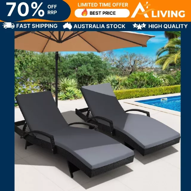 Outdoor Sun Lounge Chair Set of 2 Adjustable Cushion Black Weather Resistant