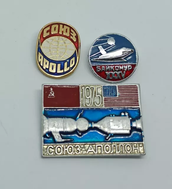 Lot of 3 Soviet Union NASA Russian Cosmos space pin badges Soyuz Apollo USSR USA