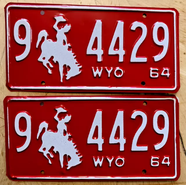 Mint Wyoming 1964 Auto Pair Set License Plate Plates " 9 4429  " Bucking Bronco