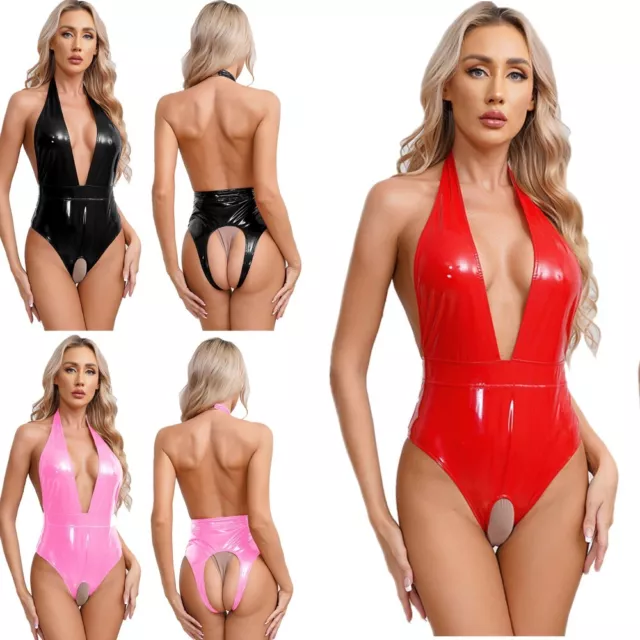 Women's Bodysuit Sexy Jumpsuits Backless Leotards Patent Leather Catsuit Halter