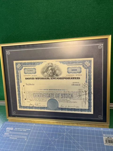 BOND STORES INC  FRAMED SHARE CERTIFICATE 100 Shares 1966
