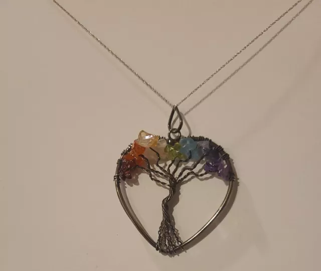 7 Chakra Tree of Life Heart Pendant  20" Sterling Silver Chain Necklace Jewelry