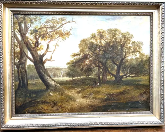 19th. Cen. Country house Landscape with Figures and Cattle Antique oil painting