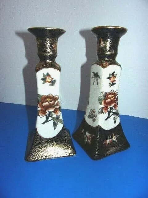 Vintage Hand Painted Candle Stick Holders, ROYAL SATSUMA - Black / Gold, Floral