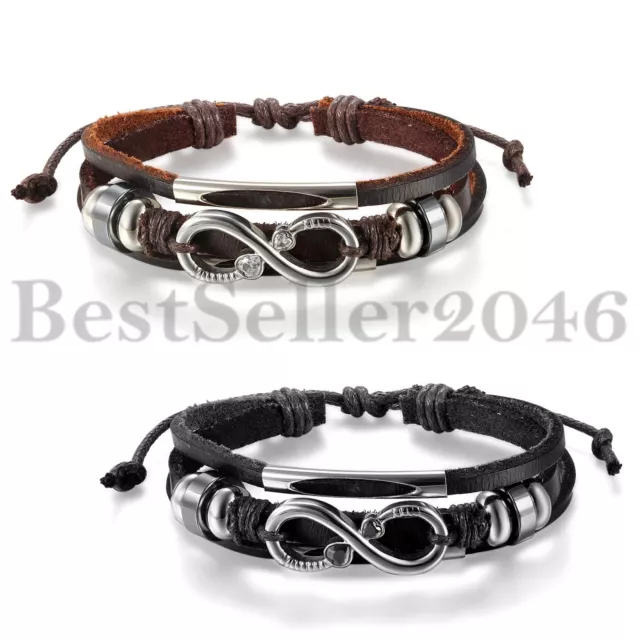 Women Unisex Black Brown Leather Tribal Charm Love Infinity Cuff Bangle Bracelet