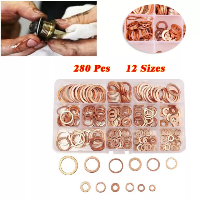 280PCS 12 Sizes Car Solid Copper Crush Washers Assorted Seal Flat Ring Hardware