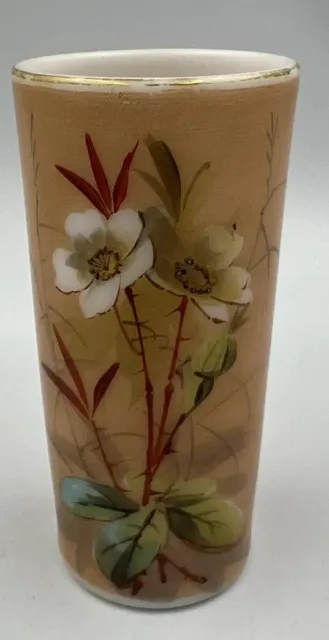 Painted Milk Glass Vase Tan 4.5”  Tall Floral Gold Trim