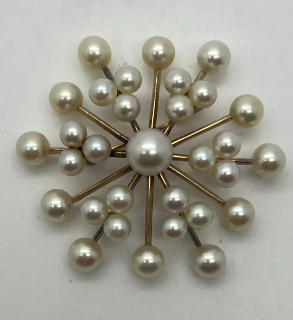 Vintage Mikimoto 14K Yellow Gold 31 Akoya Pearls Starburst Brooch 4.5 -7.5 MM C6