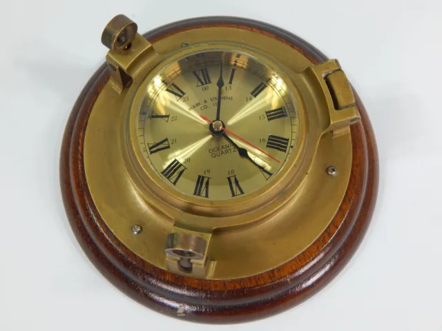 Vtg Mark & Stephens Brass & Wood Oceanic Quartz Clock Nautical Porthole Works!