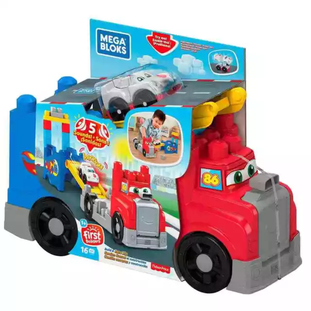 Mattel - Mega Bloks Fast Tracks Rennwagen-Transporter mit Geräuschen 15 Teile