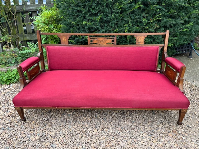 Victorian Rosewood Settee Inlaid with Cartouche Motifs Upholstered in Red Fabric