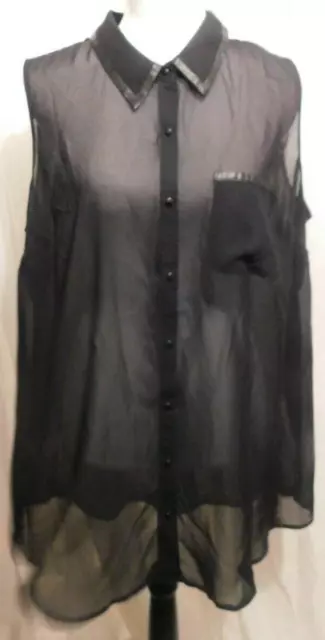 Daniel Rainn Women's Plus Size 1X Black Sheer Sleeveless Button Front SHIRT