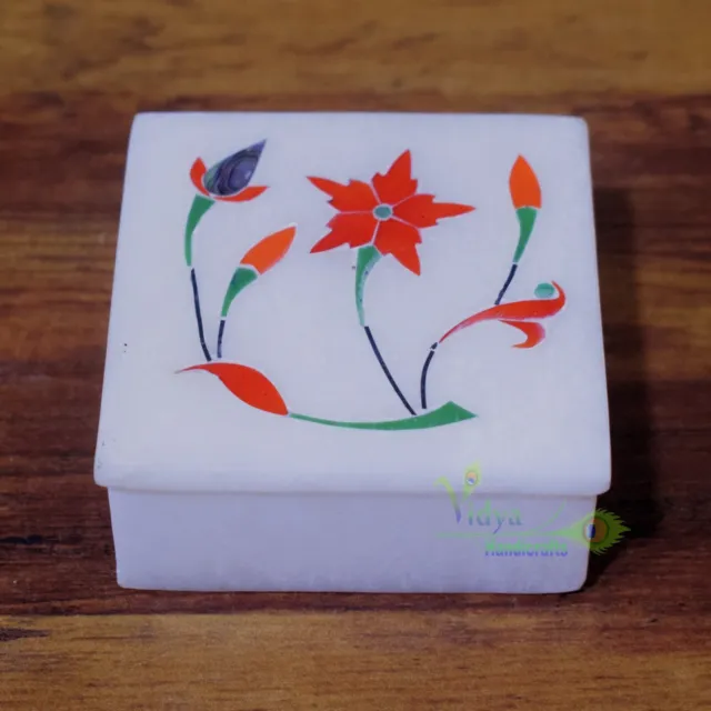 3 X 3 Inch White Stone Box Inlay Art Square Shape Home Decor Gift Made In India