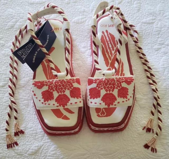 FARM RIO Sandals NIB Sz 8 Red White Embroidered Platform Tassel Ankle Tie 304619