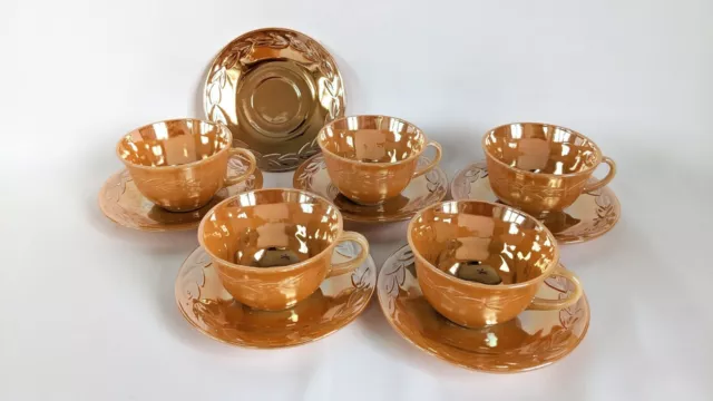 Vintage 11 Piece Fire-King Peach Lusterware Laurel Leaf 5 Cups and 6 Saucers