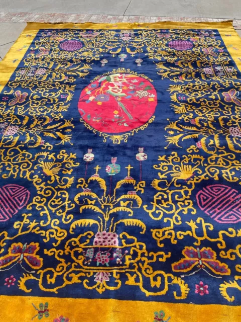 Antique Chinese Art Deco Rug Blue And Gold