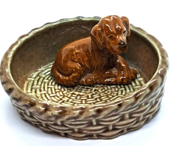 Vintage WADE Whimsy Brown Puppy Dog in Basket Figurine Trinket Dish