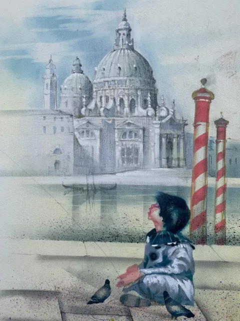 Venise : huile sur toile enfant au cerf vollant signé Vianello 51 X 51 CM