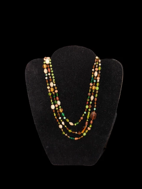 Vintage Glass Stone Wood Beaded Necklace Art Deco Design 60 Inch Amber Green