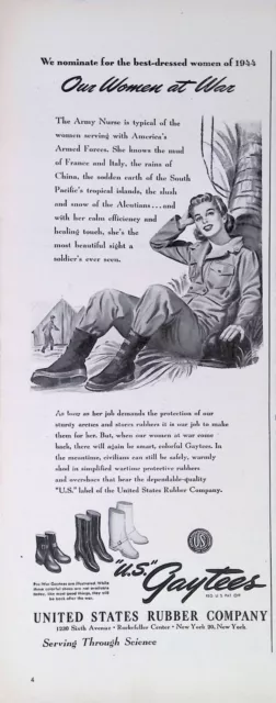 Vintage Print Ad WWII 1944 WAC Army Nurse Gaytee Boots US Rubber Co. China Italy