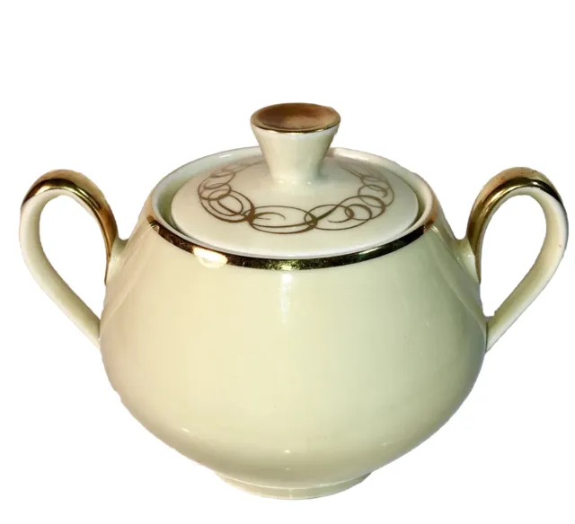 Vintage Mitterteich Bavaria Porcelain Custard & Gold Lidded Sugar Bowl Germany