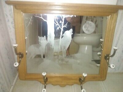 Oak Hall Tree Mirror with 8 Hooks Porcelain Tips etched wolf scene w/shelf 24"