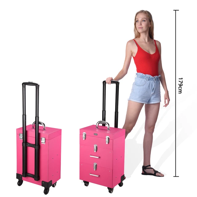 Byootique Pro Nail Polish Organizer Large Makeup Train Case Rolling Trolley Cart