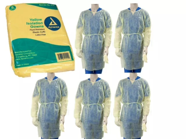 5 Dynarex Full Length PPE Isolation Gowns Yellow Elastic Cuffs Impervious