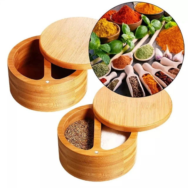 Caja de especias de madera sal y recipiente de pimienta con tapas magnéticas