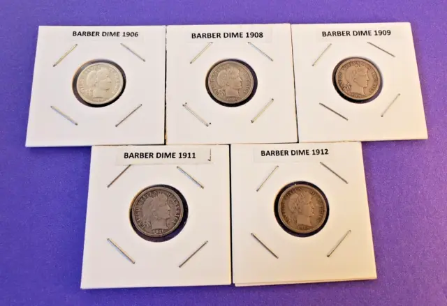 Lot of 5 Barber Dimes 1906, 1908, 1909, 1911, 1912 Dimes Free shipping