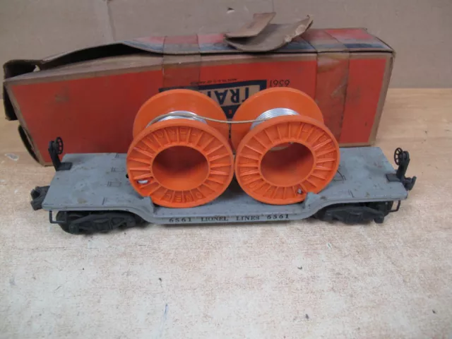 LIONEL Postwar 6561 Depressed Flat Car w Original Reels Cables & Box 1952-1956