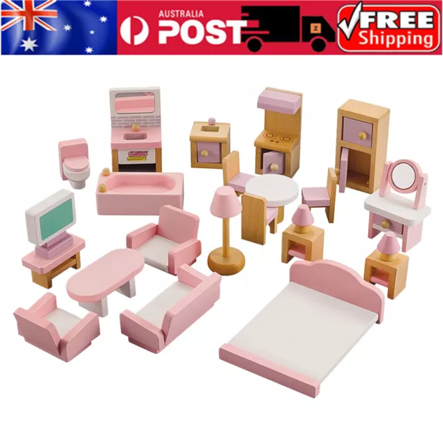 22pcs Kids Wooden Pretend Toy Doll House Miniature Furniture Mini Furniture Set