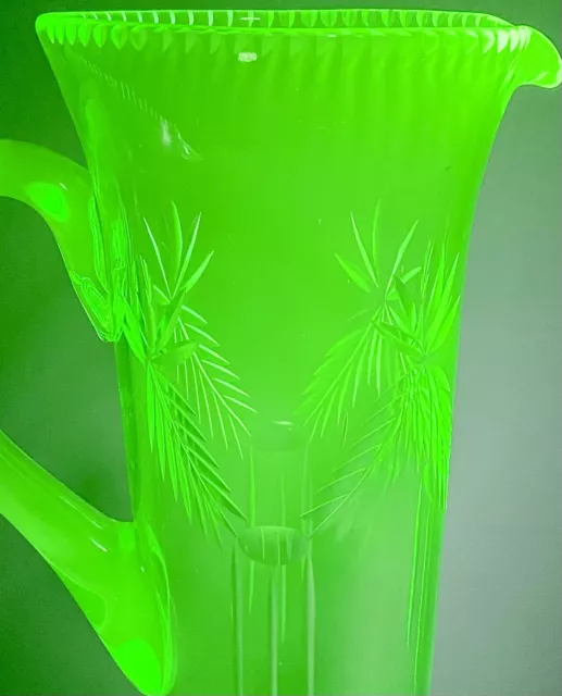 Stunning Tall Green Glass Hand Etched Antique  1920’s Uranium Glass Jug.