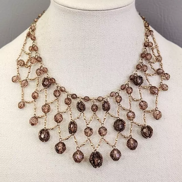 Liz Claiborne Bib Necklace Smokey Brown Acrylic Beaded Gold Tone Chain 18"