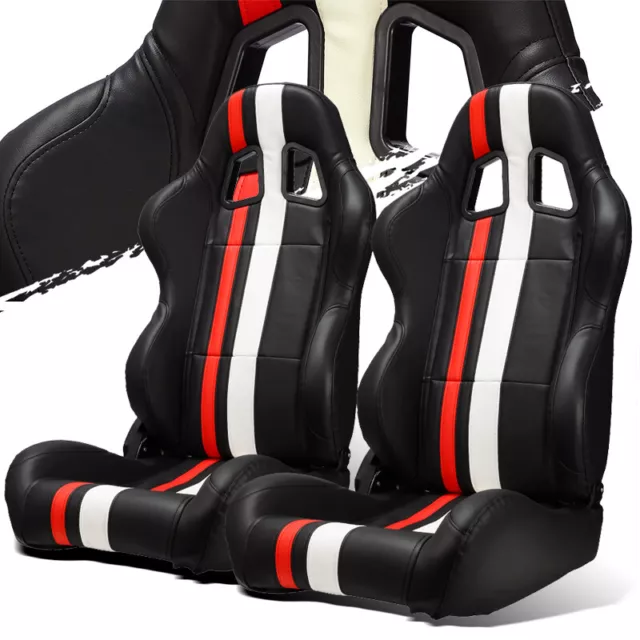 Black PVC Leather Red/White Strip Left/Right Recaro Style Racing Seats + Slider