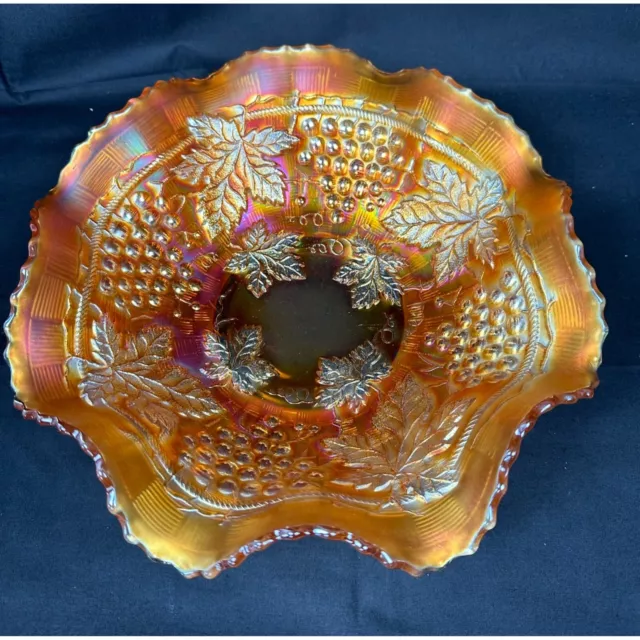 Northwood Carnival Glass Grape & Cable Marigold Luster Large Ruffled 10" Bowl