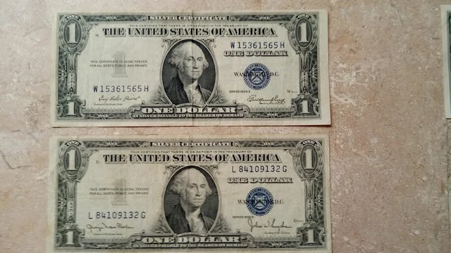 2 Very Rare E and D Series, 1935, Blue Seal, United States Silver Certificates 