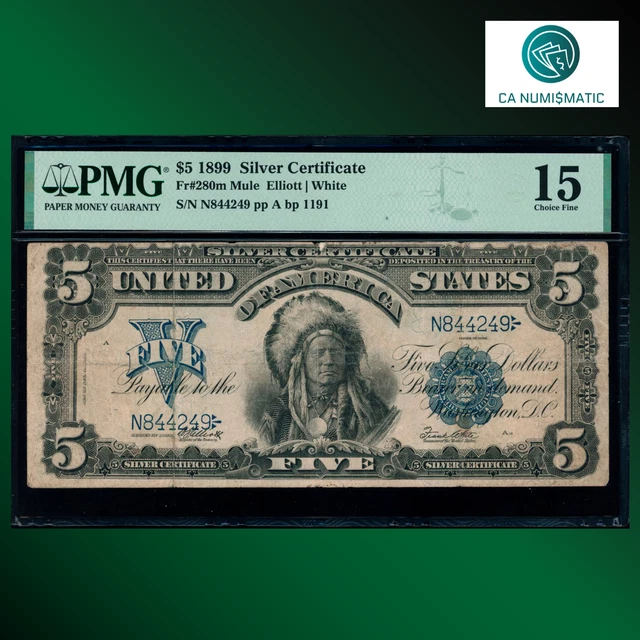 Fr.280m 1899 $5 Five Dollar Silver Certificate, INDIAN CHIEF, PMG 15, 44249