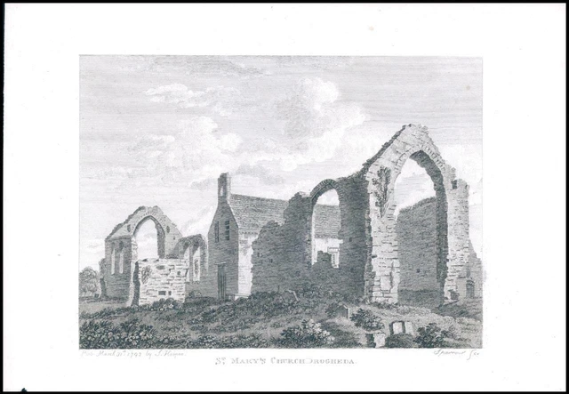 1797 Antique Engraving IRELAND View of ST MARY'S CHURCH DROGHEDA Co.Louth (IG38)