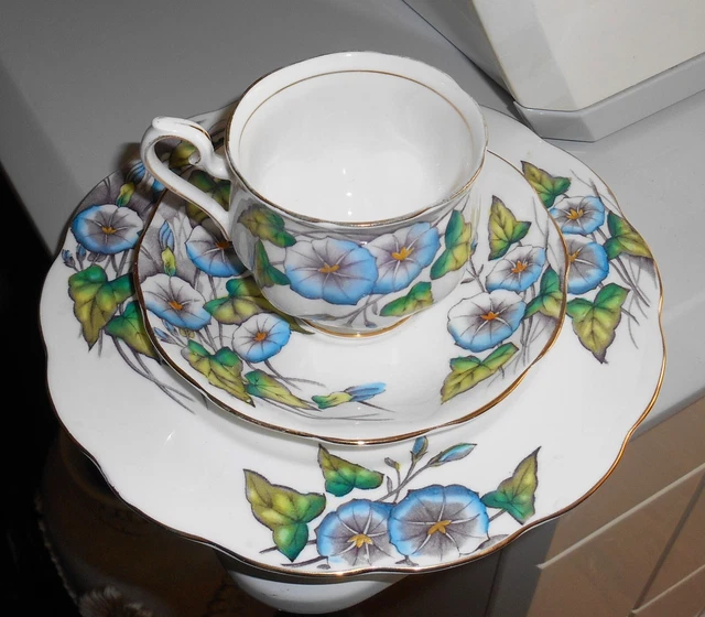 Royal Albert Morning Glory Flower Of The Month Teacup Saucer Dessert Plate Trio