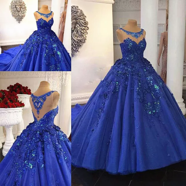 Glitter Royal Blue Quinceanera Dresses Sequins Sweet 15 16 Prom Party Ball Gowns