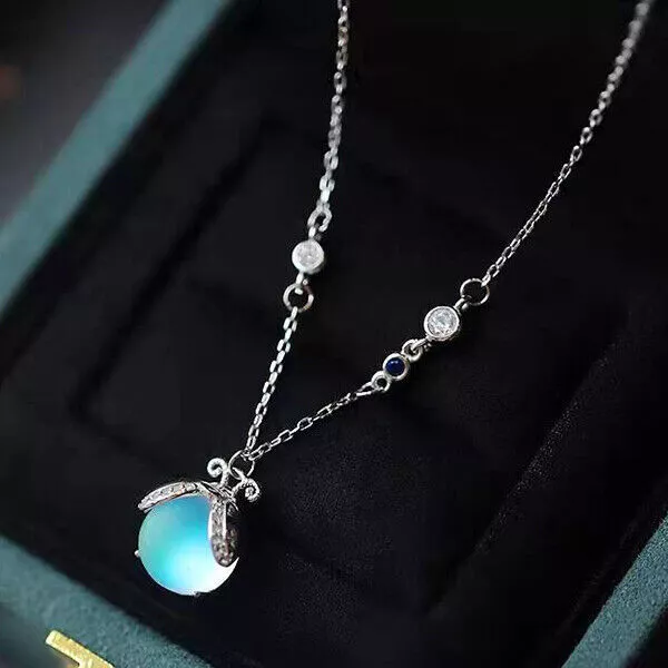 925 Silver Filled Firefly Moonstone Pendant Chain Necklace Womens Jewelry Choker