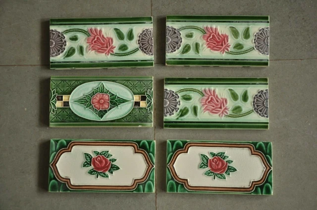 6 Pc Vintage Different Flower Design Embossed Colorful Ceramic Tiles,Japan