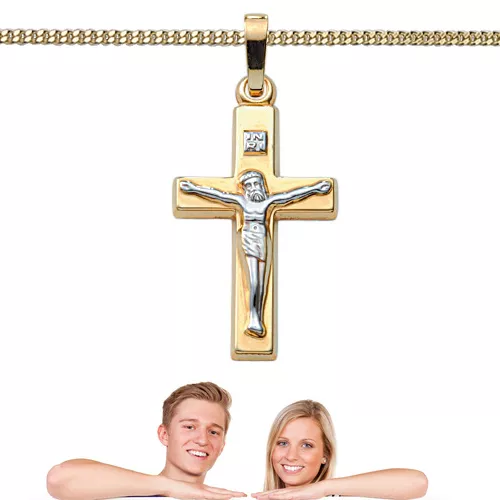 Jesus Korpus Kreuz Anhänger Echt Gold 333 mit Kette nach Wahl Silber vergoldet