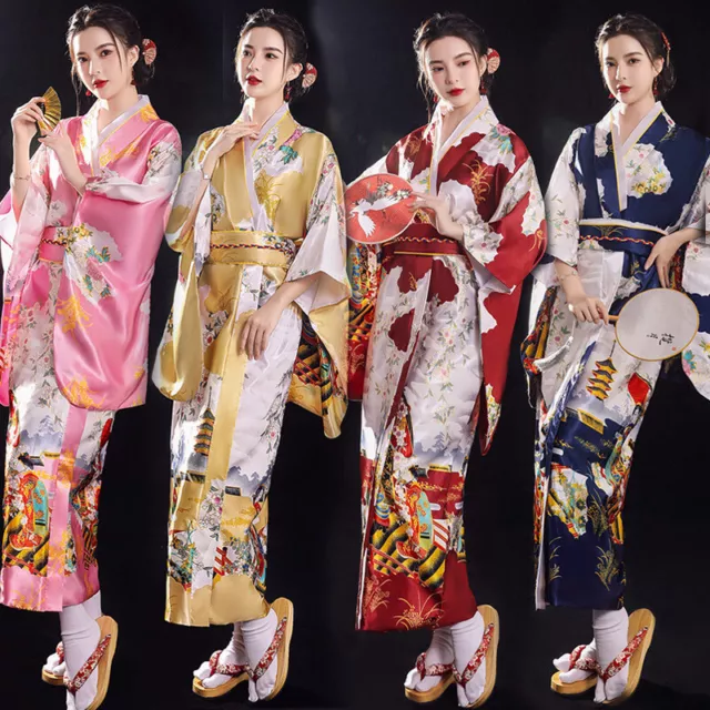 Japanese Women Kimono Satin Floral Yukata Bride Nightgown Pajama Costumes