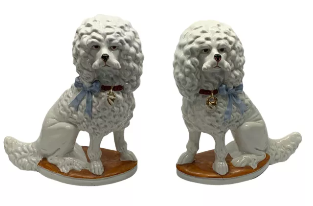 Antique GERMAN PORCELAIN POODLE Royal White Blue Ribbon Gold DOGS 2591 PAIR 10”
