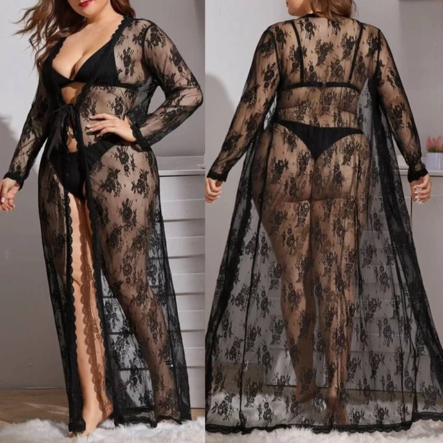 Plus Size Women Lingerie Long Lace Dress Sheer See-Thru Kimono Robe Nightgown US